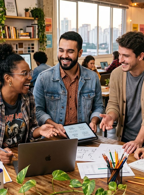 Pessoas reunidas em um ambiente de trabalho.